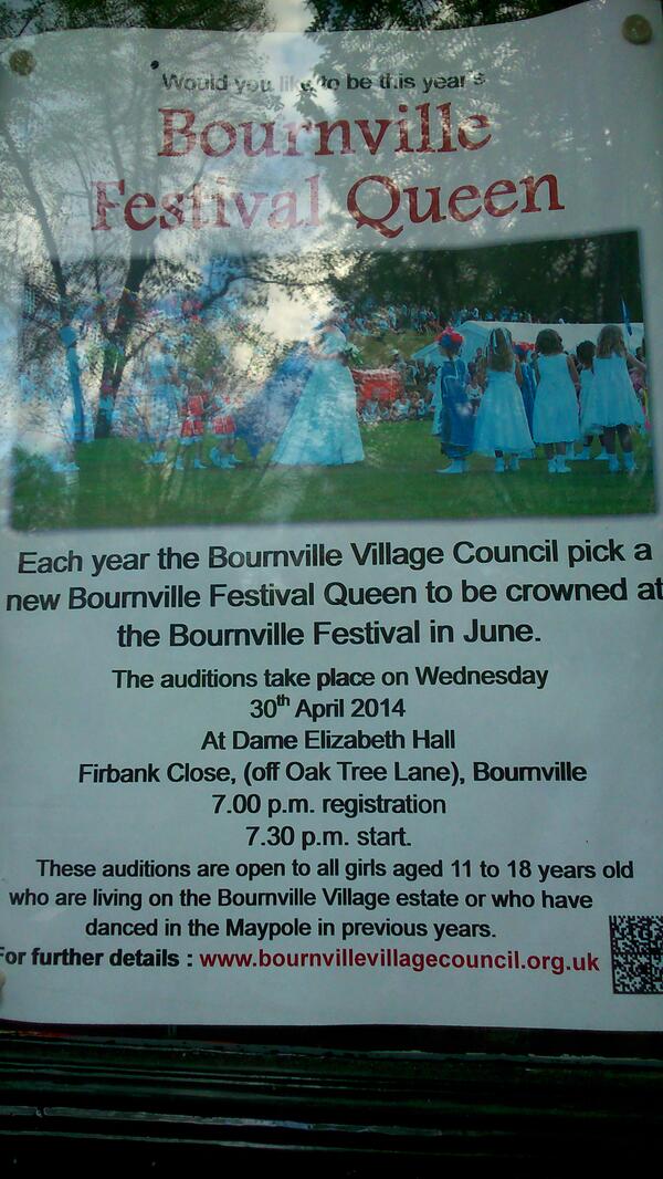 bournvillefest's tweet photo. Festival Queen selection on Wed 30 April 2014 at 7pm Dame Elizabeth Cadbury Hall http://t.co/RJpzL1Bco1 http://t.co/TVfqHQO3zk