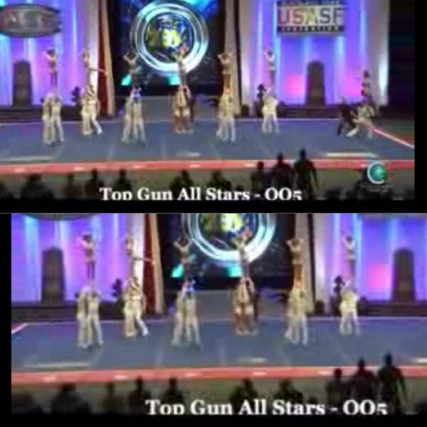 CheerExposed's tweet image. Top - Reality..... Bottom - What the judges see when it's 💛◼️