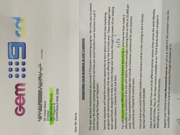 julianward's tweet image. Amusement of the day! This just arrived at the agency by snail mail. #targetingFAIL #worstDMever