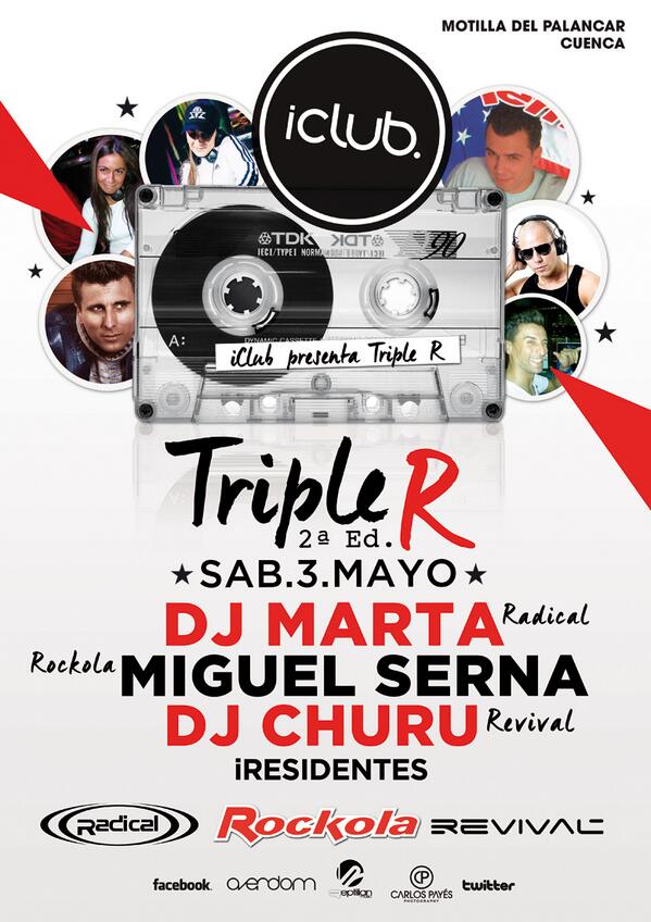 iclubcuenca's tweet photo. SÁBADO 3 MAYO iCluB PRESENTA: #REMEMBERTRIPLER 2ª EDICIÓN con los grandes @DjMartaRadical @djmiguelserna @churuhernan http://t.co/hEW9YEbCDs