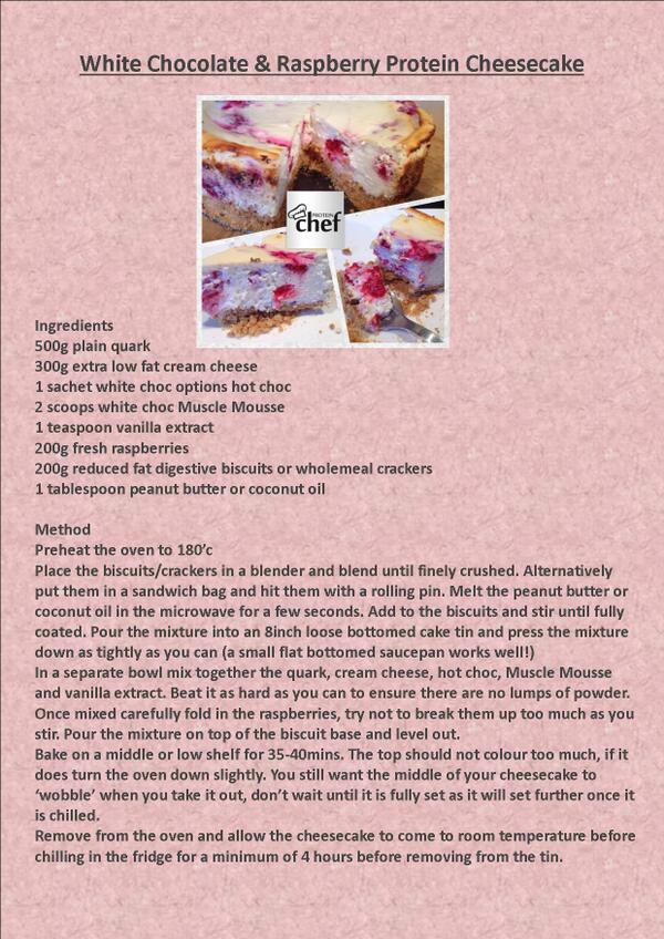 Protein_Chef's tweet photo. Possibly the best recipe yet! White Choc &amp; Raspberry Protein Cheesecake! @MuscleMousse @LDDCQuark @Protein_Recipes http://t.co/Nu0M4WBPSm