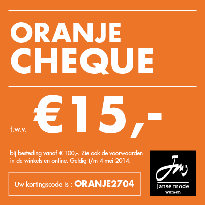 PROFITEER VAN ONZE ORANJECHEQUE! Print de cheque uit of gebruik de kortingscode. #jansemode jansemode.nl/webshop