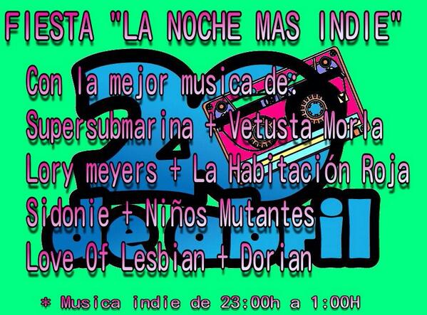 ilovemadri's tweet photo. @MagicalMBlog rt plz!jueves La Noche Mas Indie!!! de 23:00h a 1:00h en @Bar20deAbril   Copas a 3 € hasta las 00:00h. http://t.co/CYG1RVcmbF"