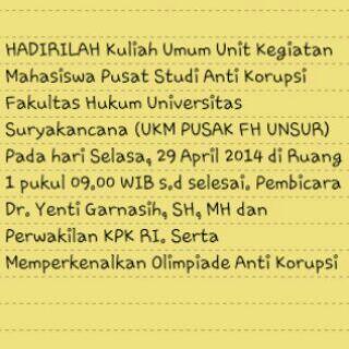 Kuliah Umum <a href="/PUSAK_FHUNSUR/">PUSAK FH UNSUR</a> bersama Dr Yenti Garnasih, SH,MH &amp; perwakilan KPK RI at Universitas Suryakancana F. Hukum