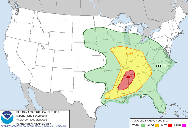 JWatson_Wx's tweet photo. Moderate Risk has shifted E. today to include #Tupleo, #Starkville, NW AL...please be on alert today &amp; heed warnings: http://t.co/9ULhtYvrGA
