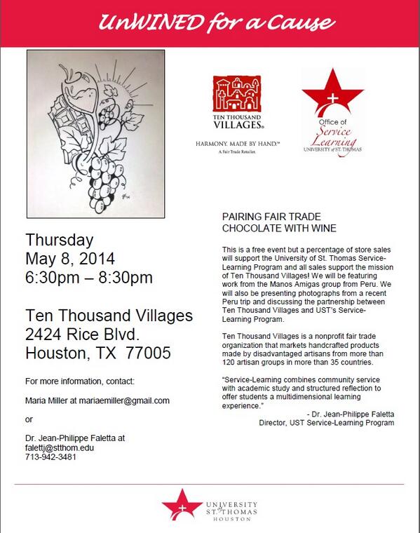 USTServiceLearn's tweet image. Thurs May 8, 2014 Ten Thousand Villages Houston event for @USTServiceLearn. Check out this flier!