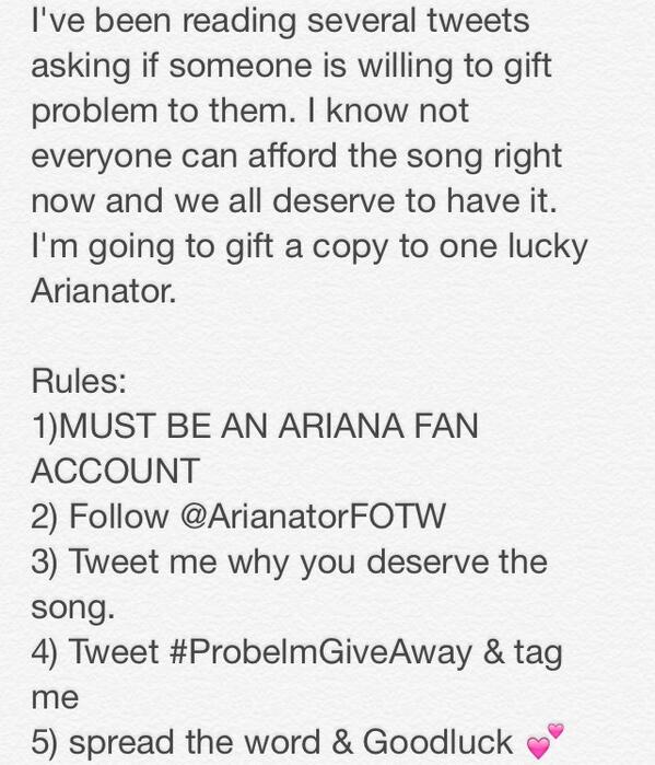 ArianatorFOTW's tweet image. PROBLEM GIVE AWAY RULES SPREAD THE WORD AND GOOD LUCK LOVES 💕
#ProblemGiveAway #BuyProblemOniTunes #ProblemOutNow