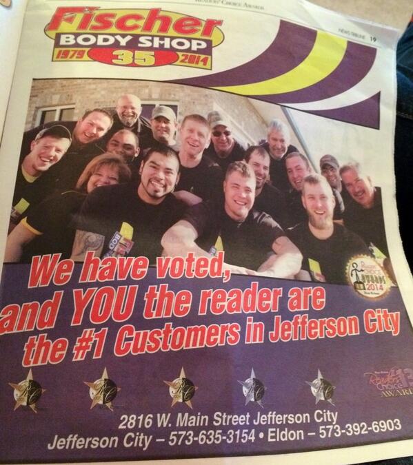 Fischer Body Shop (@fischerbodyshop) on Twitter photo Congrats to all our great employees 9years straight #readerschoice #1 thank you <a href="/jeffersonjmi/">NewsTribune JCMO</a> readers!!! Congrats to all our great employees 9years straight #readerschoice #1 thank you <a href="/jeffersonjmi/">NewsTribune JCMO</a> readers!!!