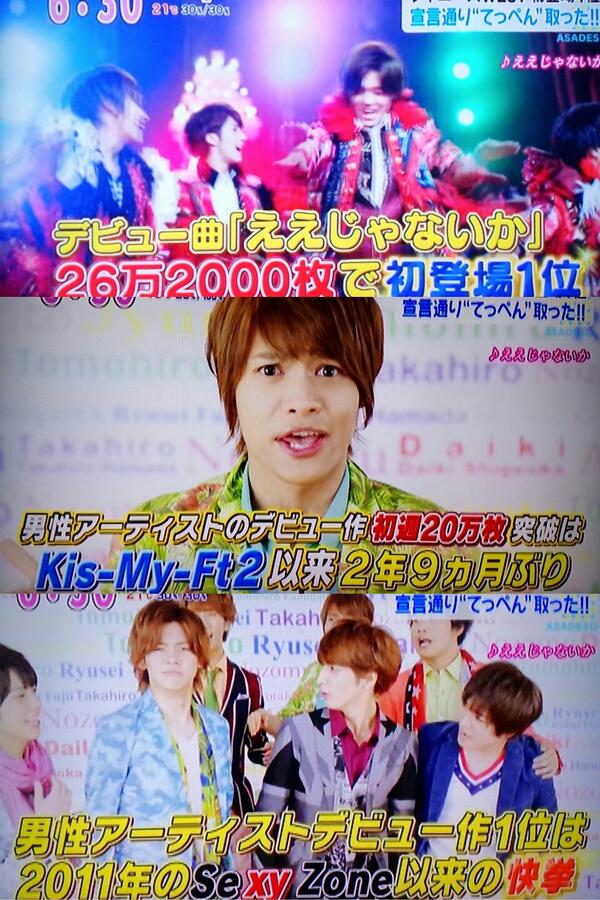 ちぇりぞ Pa Twitter ジャニーズwestデビュー曲 ええじゃないか26万00枚で初登場1位 男性アーティストのデビュー作初週万枚突破はkis My Ft2以来2年9ヶ月ぶり デビュー作初登場1位は11年のsexy Zone以来の快挙 Http T Co 45xl8ykygt
