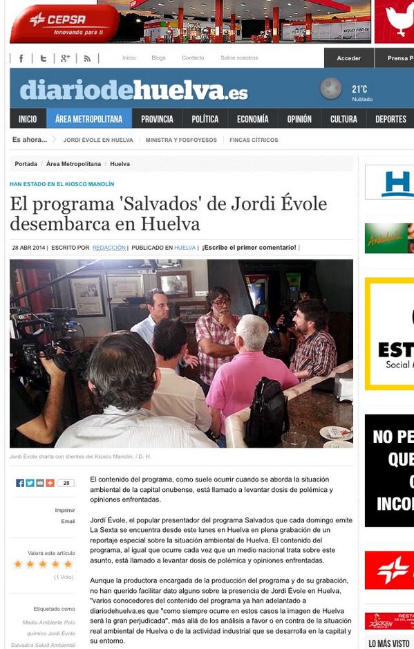 adozarandieta's tweet photo. “@jordievole graba @salvadostv sobre la situación ambiental, en #Huelva http://t.co/TuKi9EWauL”
Ojo al patrocinador: http://t.co/2mzjQpk1DG