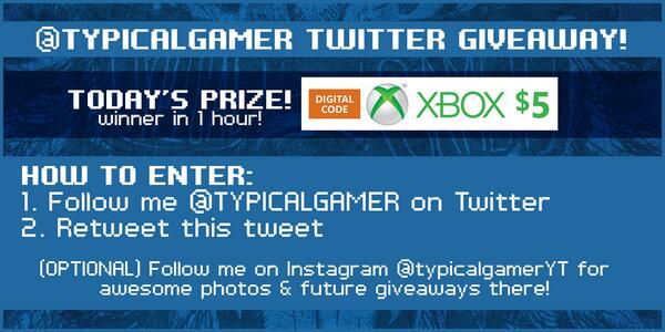 TypicalGamer's tweet image. RT! Giveaway for a $5 Xbox code! Enter by following @typicalgamer and RT'ing this post! Winner in 1 hour! #giveaway
