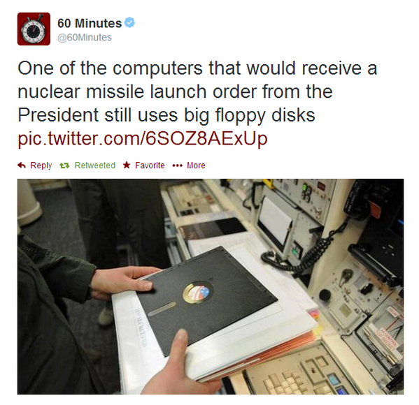 mikko's tweet photo. It's a floppy disk.
It's a goddamn 8" floppy disk.
It's Security by Antiquity.
​ http://t.co/JQfrBhLQ28