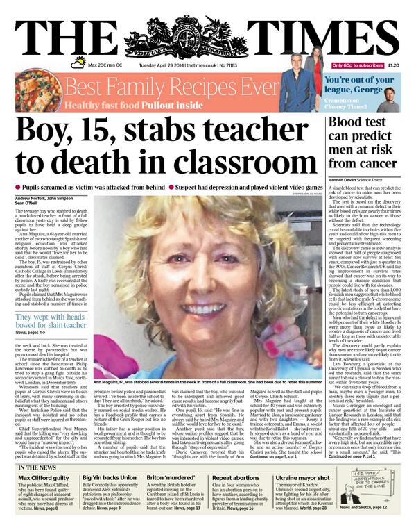 thetimes's tweet photo. Tomorrow’s front page: Boy,15, stabs teacher to death in classroom http://t.co/QmzX6B5vwi http://t.co/i9K1NlDfer