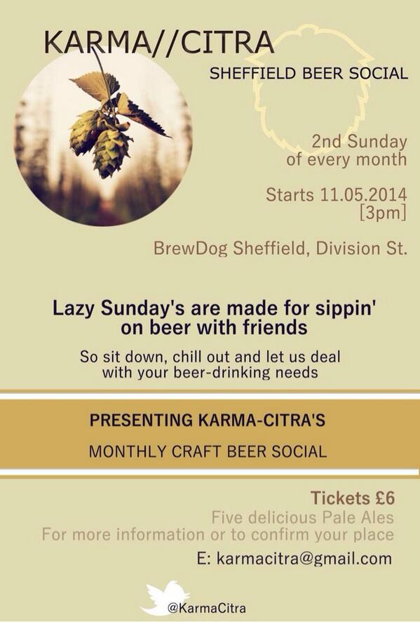 UntappedSheff's tweet photo. Our friends at @KarmaCitra are hosting there first event very soon on 11th May at @BrewDogSheff be there #craftbeer http://t.co/P7u374ePYv