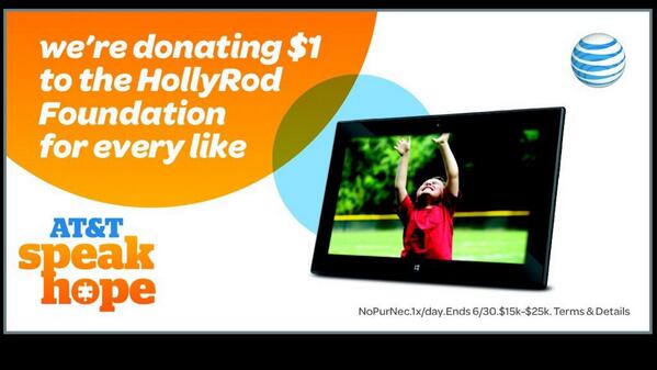 TheHankBaskett's tweet photo. PLEASE RT #ATTSpeakHope &amp; @ATT will donate $1 to @HollyRodFDN #ad (up to $25K) thru 6/30 See http://t.co/hYrMMVlY7t! http://t.co/qVVJf7xIoy