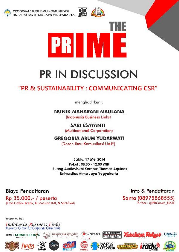 #EventYK <a href="/PRComm_UAJY/">PR.comm UAJY</a>: 17/5/14 PR In Discussion "PR &amp; Sustainability : Communicating CSR" di Kampus 2 UAJY | 35k