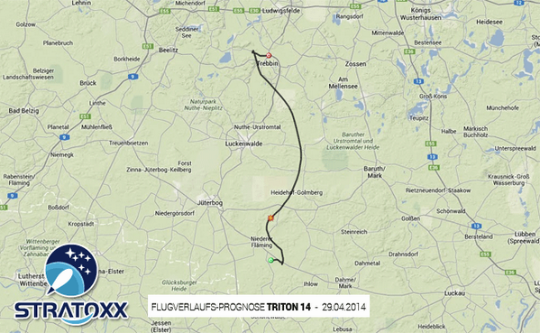 stratoxx's tweet photo. Stratoxx aktuell :
Prognose bei einer Steigrate von 5 m/s Sinkrate von 6 m/s und 36 KM Distanz http://t.co/f3WhlhqF7b