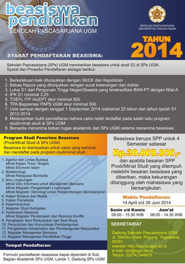 Beasiswa Pascasarjana UGM 2014 <a href="/UGMYogyakarta/">UGM</a> <a href="/UGMsolidarity/">UGM Solidarity</a> @twitUGM @bemkmugm <a href="/kota_jogja/">Jogja ❤️ Istimewa</a> <a href="/Jogja24Jam/">Jogja24Jam</a> <a href="/JogjaUpdate/">jogjaupdate.com</a>