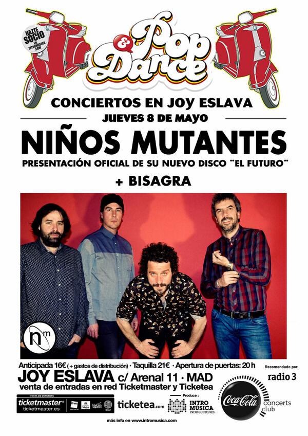 intromusica_pro's tweet photo. Sorteamos 2 entradas individuales para Niños Mutantes entre los que hagan RT! @n_mutantes @BISAGRA_ #PopandDance http://t.co/xHHjAshS33