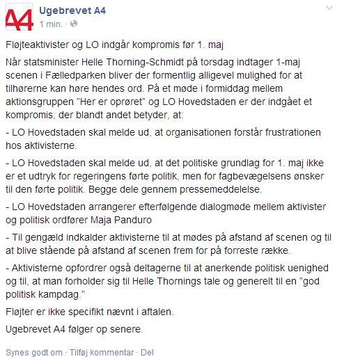 LO og fløjteaktivister slutter fred før 1. maj. <a href="/HelleThorningS/">Helle Thorning</a> facebook.com/ugebreveta4/po…