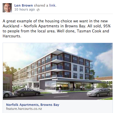 Great to see <a href="/mayorlenbrown/">Len Brown</a> <a href="/AklMO/">Mayoral Office AKL</a> promoting #densitydonewell &amp; housing choices. Unitary plan calls for ~50% sprawl