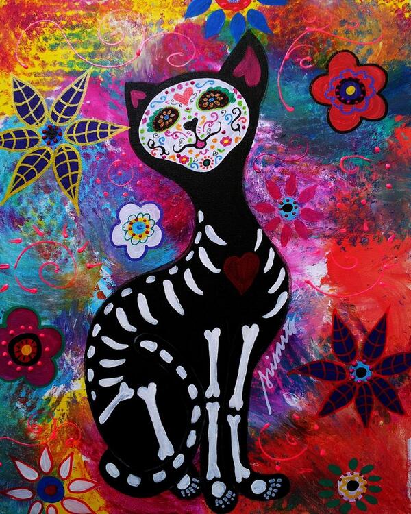 Mexican Folk Art Day of the Dead Cat Meow Painting by prisarts