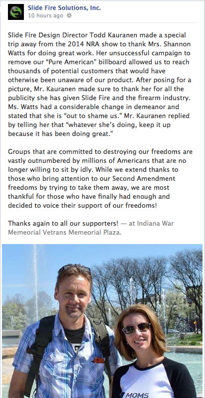 shannonrwatts's tweet photo. .@LamarOOH #SlideFire uses FB page to harass, threaten #MomsDemand http://t.co/PPtbQSSwNH #FireSlideFire #gunsense http://t.co/BI5Y8CIzMO