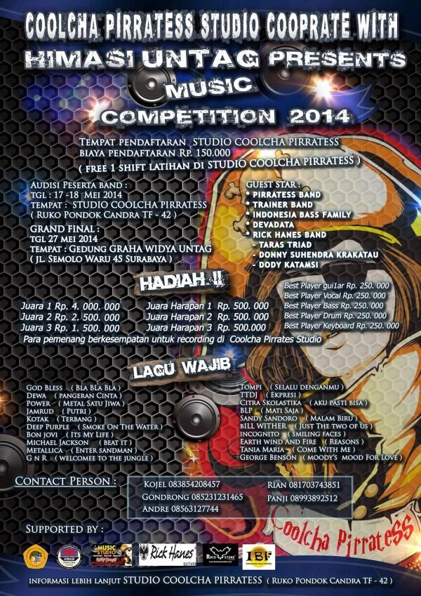 eventsurabaya's tweet photo. Punya band yang oke? Himasi Untag &amp; Coolcha Pirattess studio Present Music Competition se-Jatim. Yuk daftar sekarang http://t.co/3ri6OK4qtO