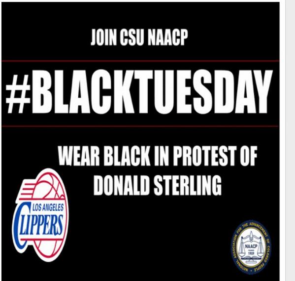 naacp_csu's tweet photo. #BlackTuesday Today we will be protesting against Donald Sterling so we ask that all students dress in Black http://t.co/QltA1eo6vr