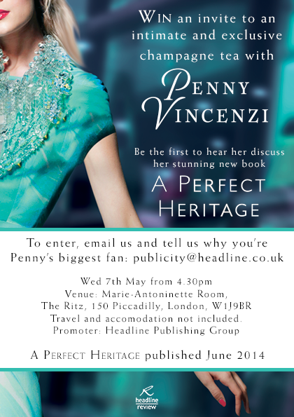 PublicityBooks's tweet image. COMP: Chance for 2 bloggers to meet @PennyVincenzi1 &amp;amp; hear about her new book over a champagne tea #APerfectHeritage.