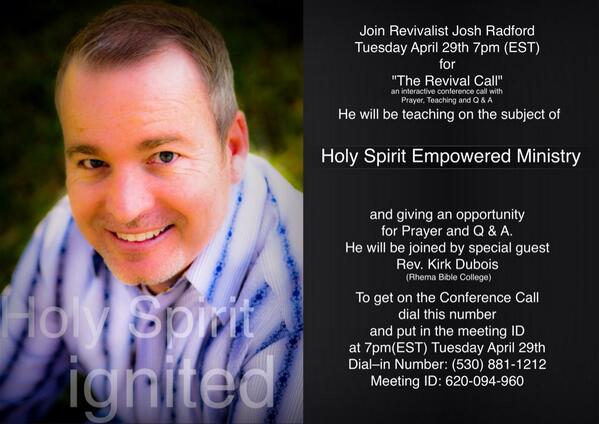 joshradford's tweet image. Join me tonight on "The Revival Call" 7pm(EST) Dial–in Number: (530) 881-1212  Meeting ID: 620-094-960