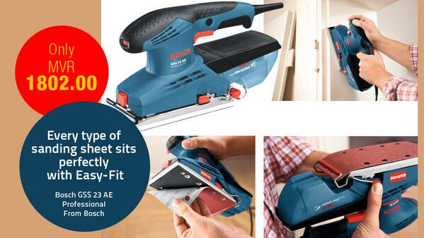Orbital Sander GSS23  from Bosch, Germany.

Available from Sonee Hardware Professional, Majeedhee Magu, 3306360