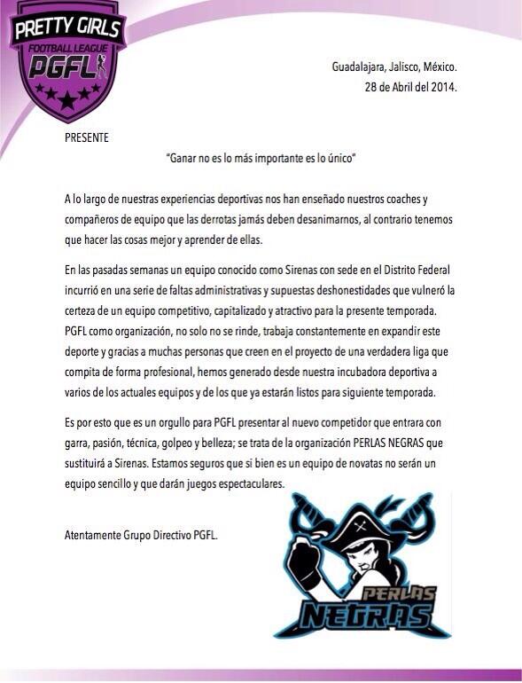 PGFLOfficial's tweet photo. Perlas Negras de Izcalli nuevo equipo de la Pgfl http://t.co/gnB4TfxhZa