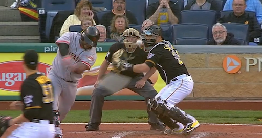 VIDEO: SF Giants' Pablo Sandoval takes a hilariously late swing to force an errant throw. thesco.re/1mAIU5A