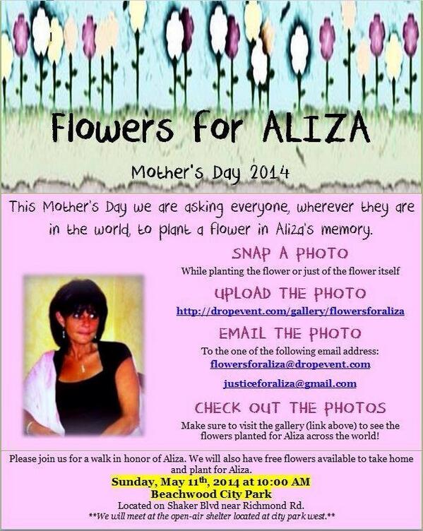 JusticeforAliza's tweet photo. Justice for Aliza Mother's Day walk will be at Beachwood City Park at 10:00 AM on Sunday May 11th, 2014. See flyer! http://t.co/YDAvIWedNS