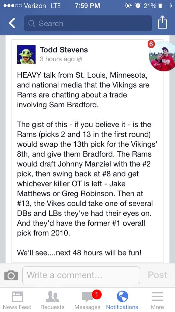 You Vikings fans can have Bradford if we get Manziel 👍