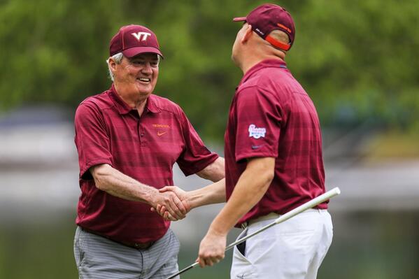 CFAPeachBowl's tweet photo. At -5, @VT_Football's Frank Beamer &amp; @braves52 won $25,000 in scholarship funds for @vtnews! #CFABGolf http://t.co/m3SD74e3OH