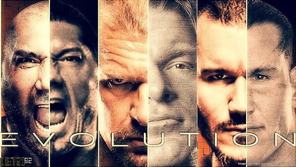 CatchAttack1's tweet image. Great pic of #Evolution Then Now Forever !!! @TripleH @RandyOrton @DaveBautista :-)
