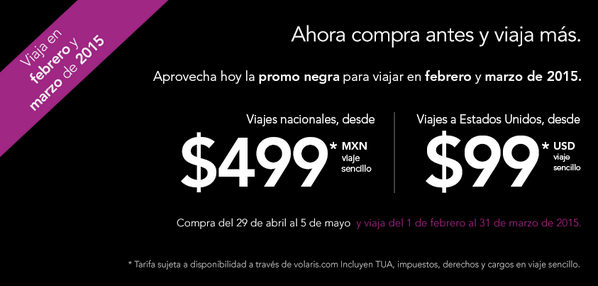 viajaVolaris's tweet photo. Con la #PromoNegra viajarás en febrero y marzo 2015 con las tarifas más baratas. Checa http://t.co/S1fyq548ez http://t.co/hU9dwkBYmP