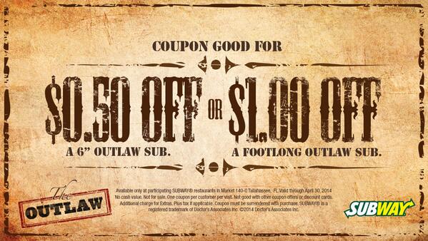 SubwayTally's tweet photo. RT or Favorite this #OutlawSub coupon for the chance to win a $10 Subway gift card! http://t.co/3LqK8FBLSW