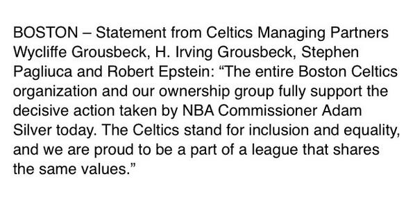 7uiceJB's tweet photo. RT @ESPNForsberg: Celtics ownership on Donald Sterling ban: http://t.co/RxXdceGzZV