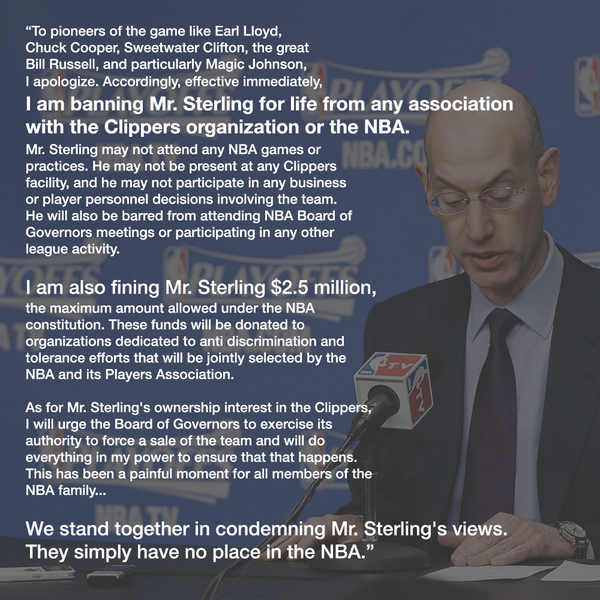 TheRoot's tweet image. Read commissioner #AdamSilver's powerful statement against #DonaldSterling: bit.ly/S7aCxF