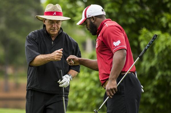 CFAPeachBowl's tweet photo. Tied at -7, @AlabamaFTBL's Nick Saban &amp; @MarkIngram22 won $30,000 in scholarship funds for @UofAlabama! #CFABGolf http://t.co/VcyeFNJLxd