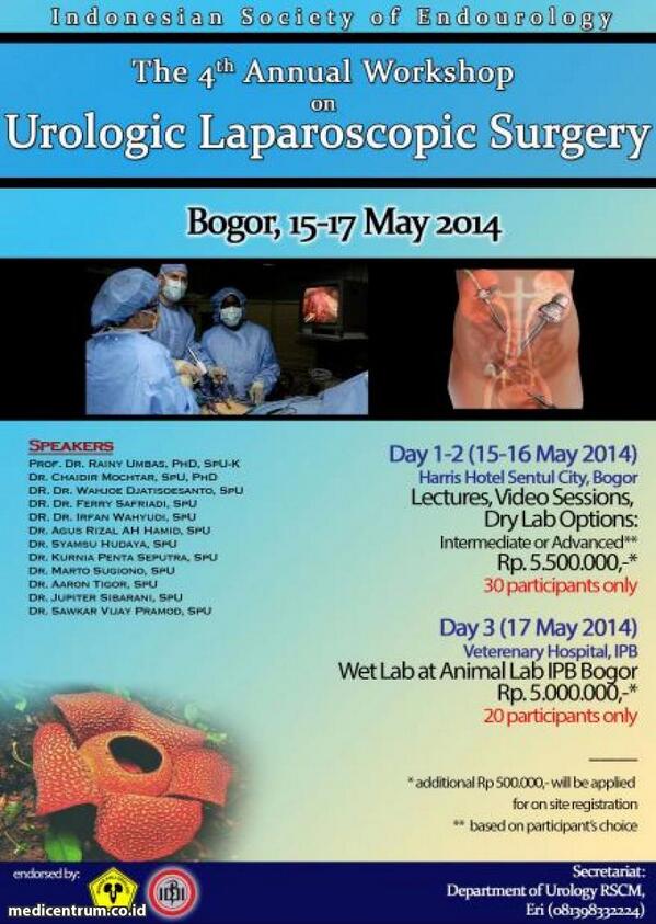 MDCweb's tweet photo. The 4th Annual Workshop Laparoscopic Urology.
Bogor, 15-17 Mei 2014.
More info at http://t.co/Gne3s81RHh http://t.co/3W8px01FJb