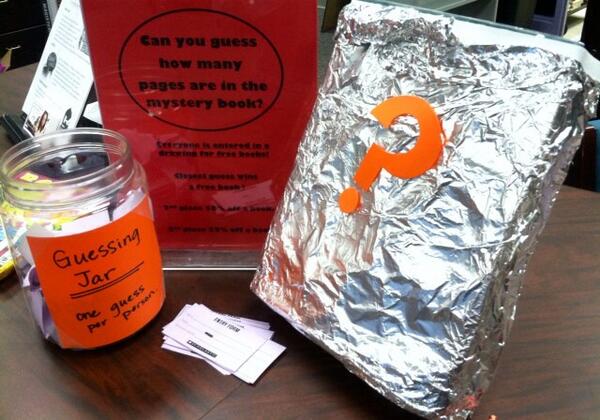 Come to the book fair before Friday and make a guess.  The best guesser wins a free book.