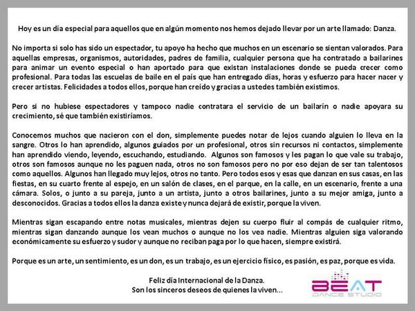BeatDancePTY's tweet photo. Les compartimos un mensaje hoy, Día Internacional de la Danza. Saludos bailarines! @BeatDancePTY http://t.co/uWaf8WGX0z