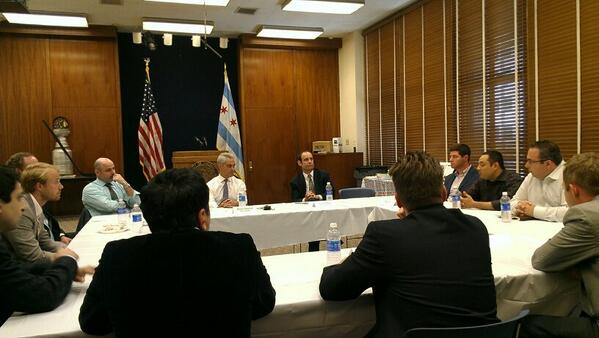 1871tech's tweet photo. #1871Flashback. Roundtable w/ @ChicagosMayor @SimpleRelevance @mikezivin @rocketmiles @MarkITx @caremerge @johntolva http://t.co/5N2LkQ6O1c