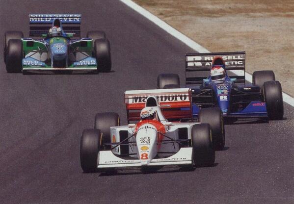 McLarenF1's tweet image. On this day 20 yrs ago Roland Ratzenberger died at #Imola. Here's our @MBrundleF1 leading him at #Aida, his last GP.