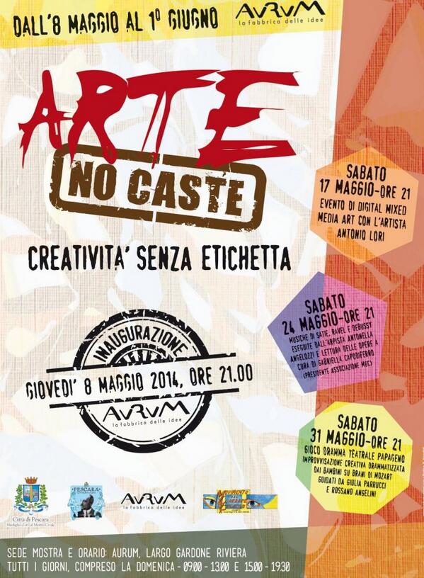 AurumPE's tweet photo. #ARTE NO #CASTE – Creatività senza etichetta
da giovedì 8 maggio a lunedì 2 giugno 2014 – @AurumPE http://t.co/hdiOEDDK5L