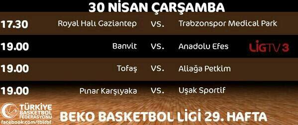 Beko Basketbol Ligi Bugün oynanacak karşılaşmalar... Tüm takımlara başarılar...